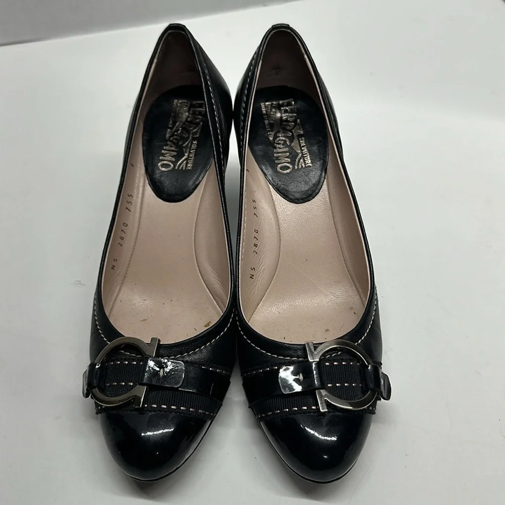 Salvatore Ferragamo Heels Low Heel Pump Shoes Ganici Bit Black Silver Size 6 B